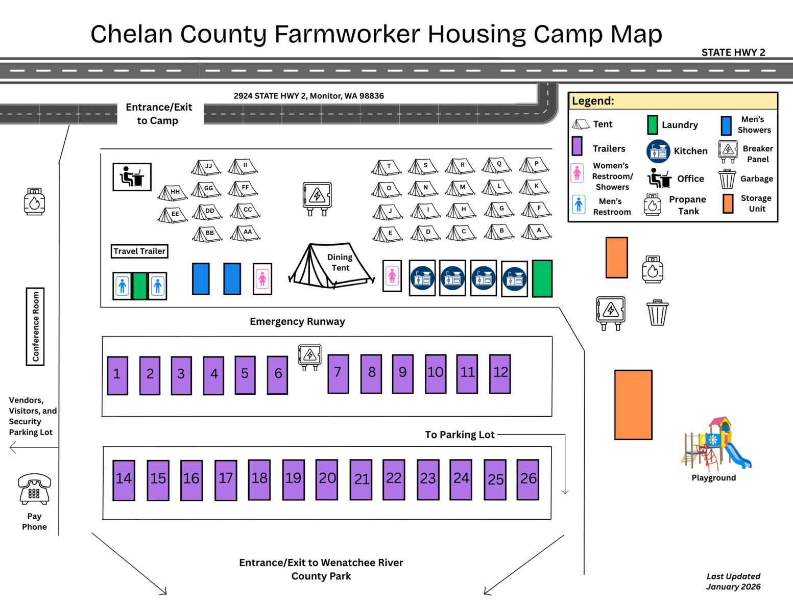 Map of farmworker housing camp. Includes symbols for tents, trailers, bathrooms, laundry, kitchen, office, roads and more.