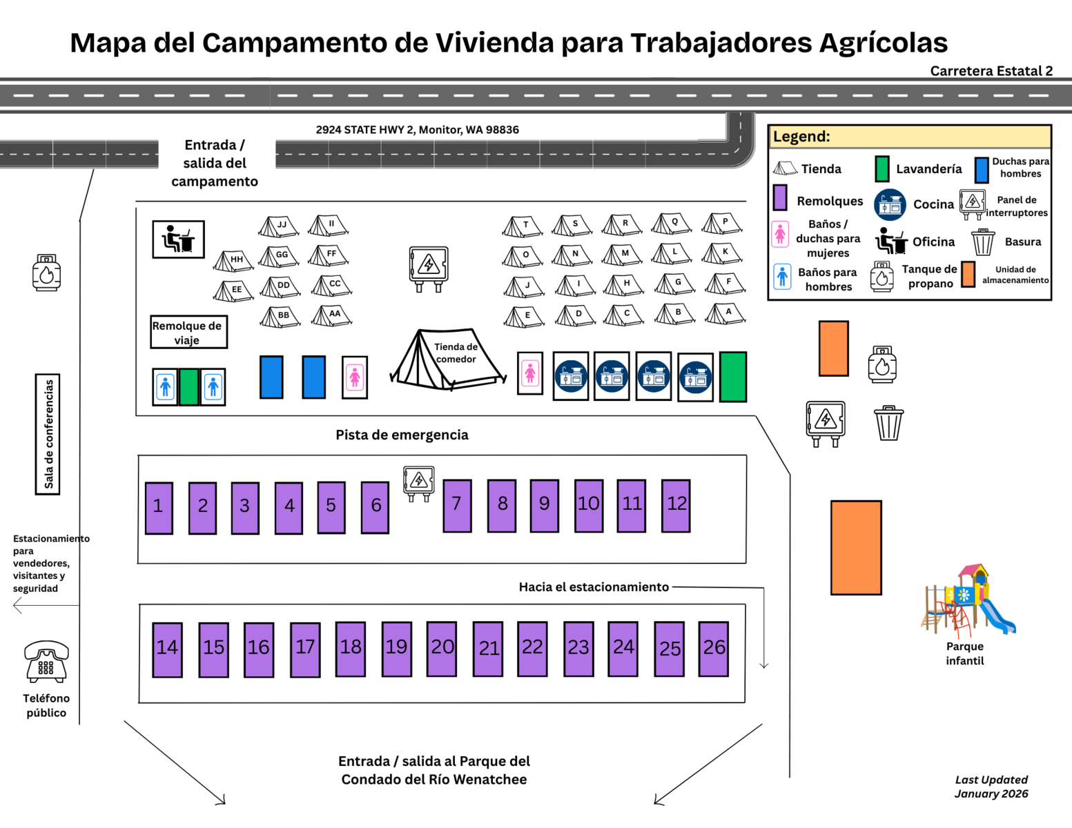 Map of farmworker camp. Includes symbols for bathrooms, tents, trailers, kitchen, roads, laundry and more.