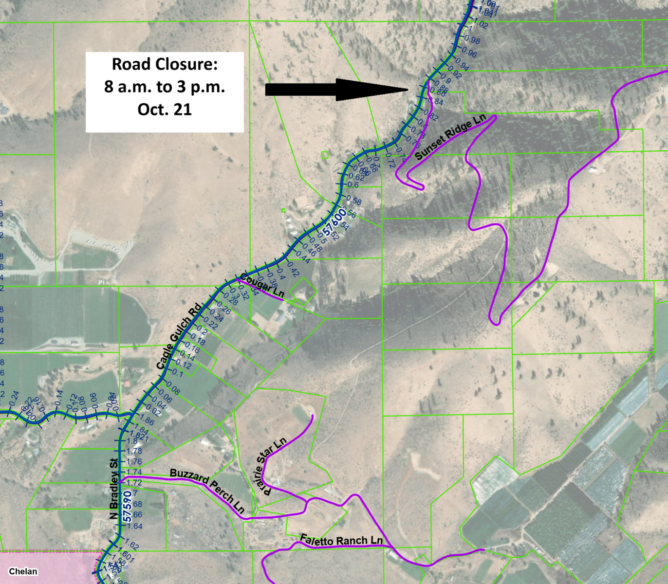 A map of a road closure on Cagle Gulch Road near Chelan