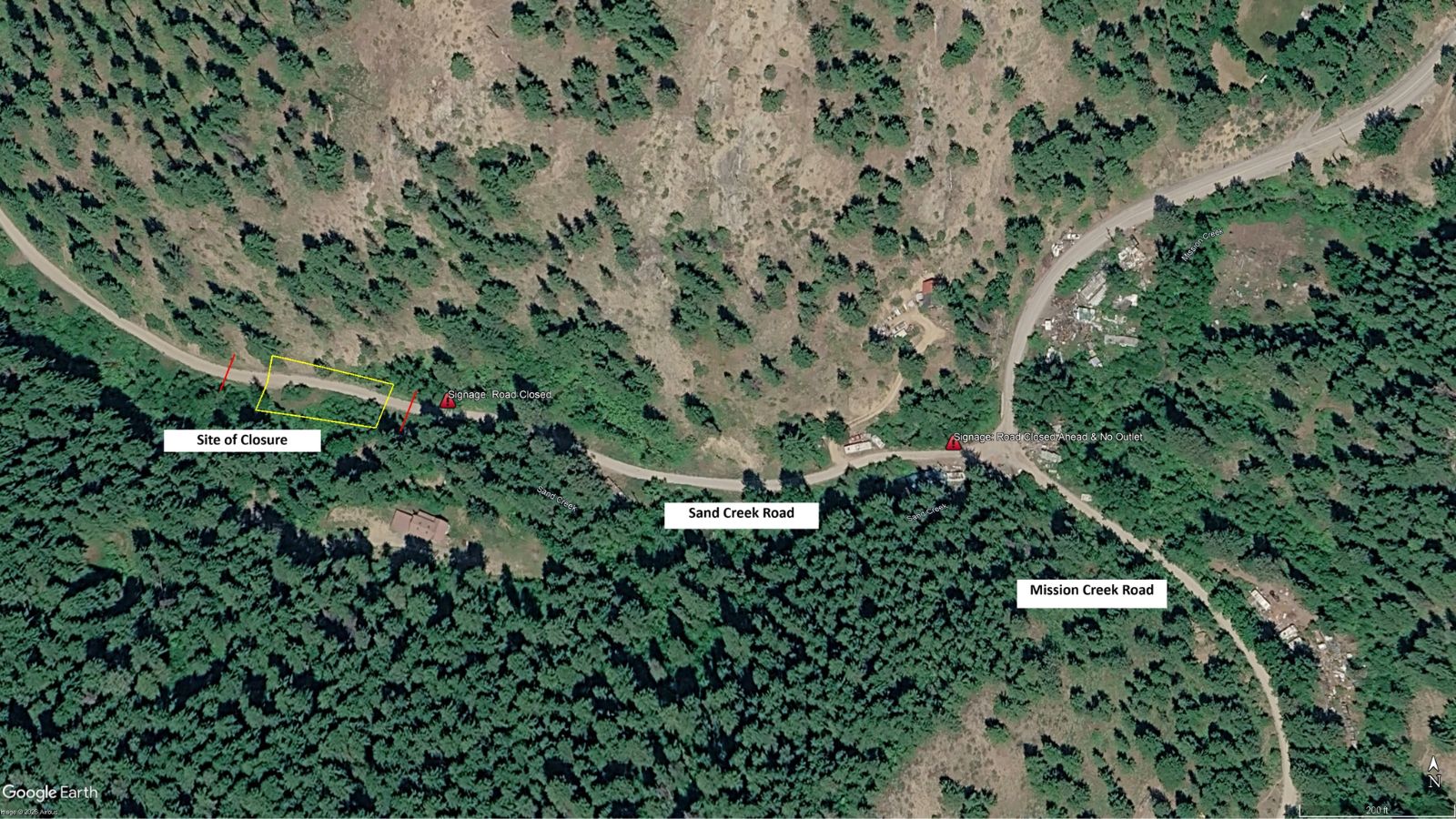 A map showing where Mission Creek Road spurs off to Sand Creek Road