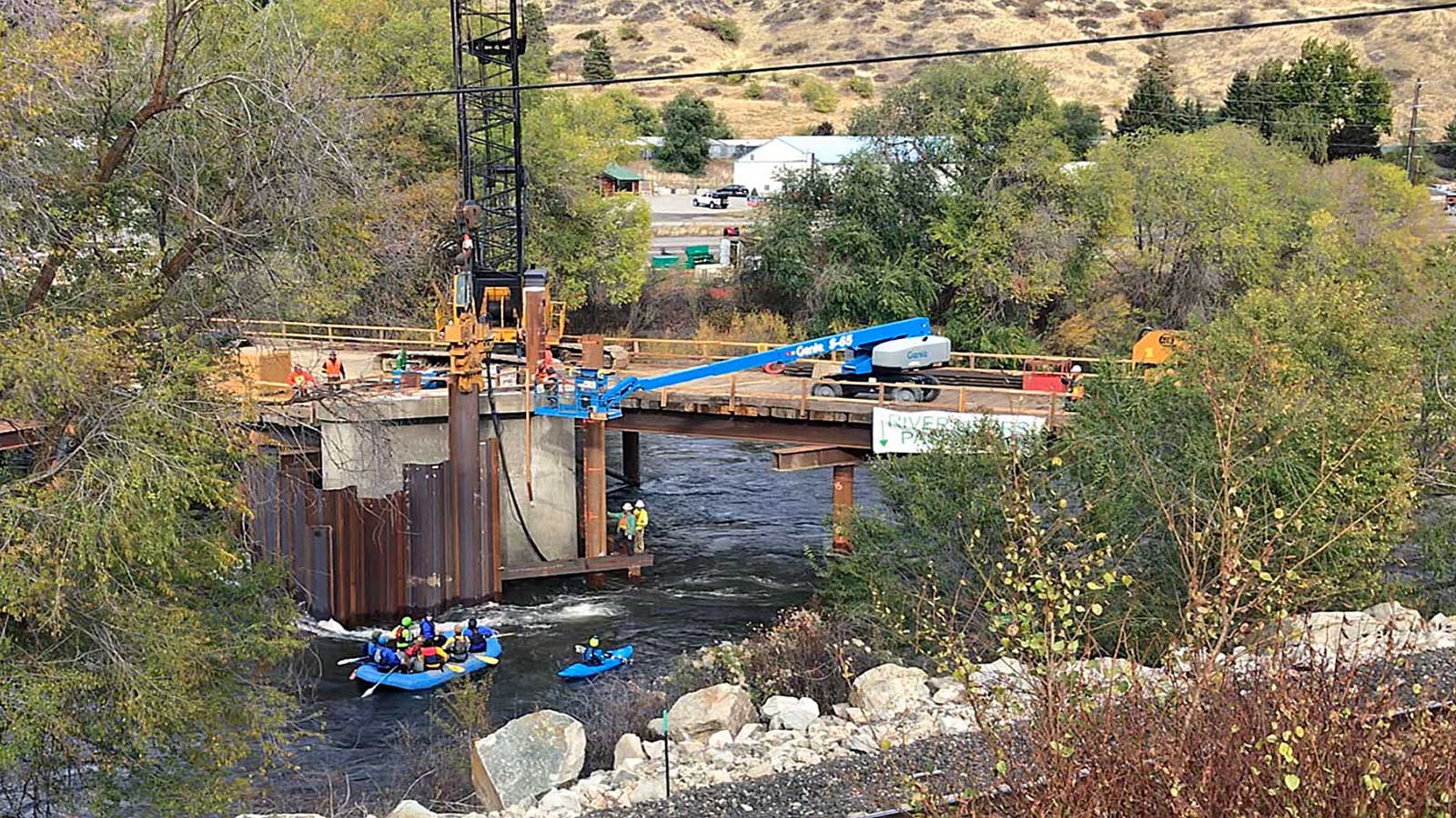 Signage at West Cashmere Bridge directs river recreationists through construction site